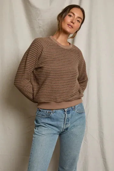 Alexi Stripe French Terry Crew Sweatshirt in Mocha/Charcoal