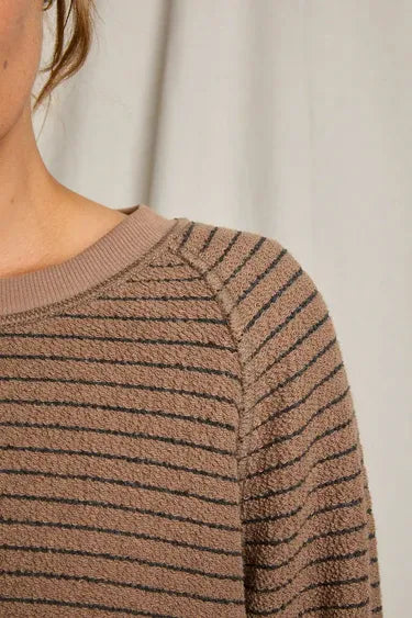 Alexi Stripe French Terry Crew Sweatshirt in Mocha/Charcoal