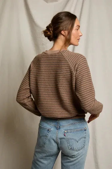 Alexi Stripe French Terry Crew Sweatshirt in Mocha/Charcoal