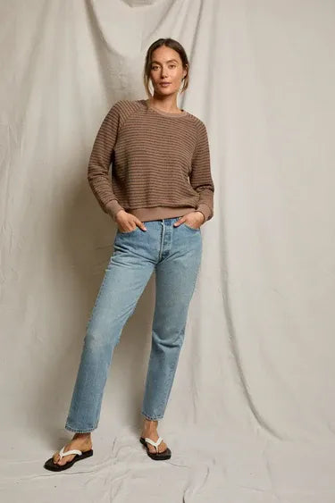 Alexi Stripe French Terry Crew Sweatshirt in Mocha/Charcoal