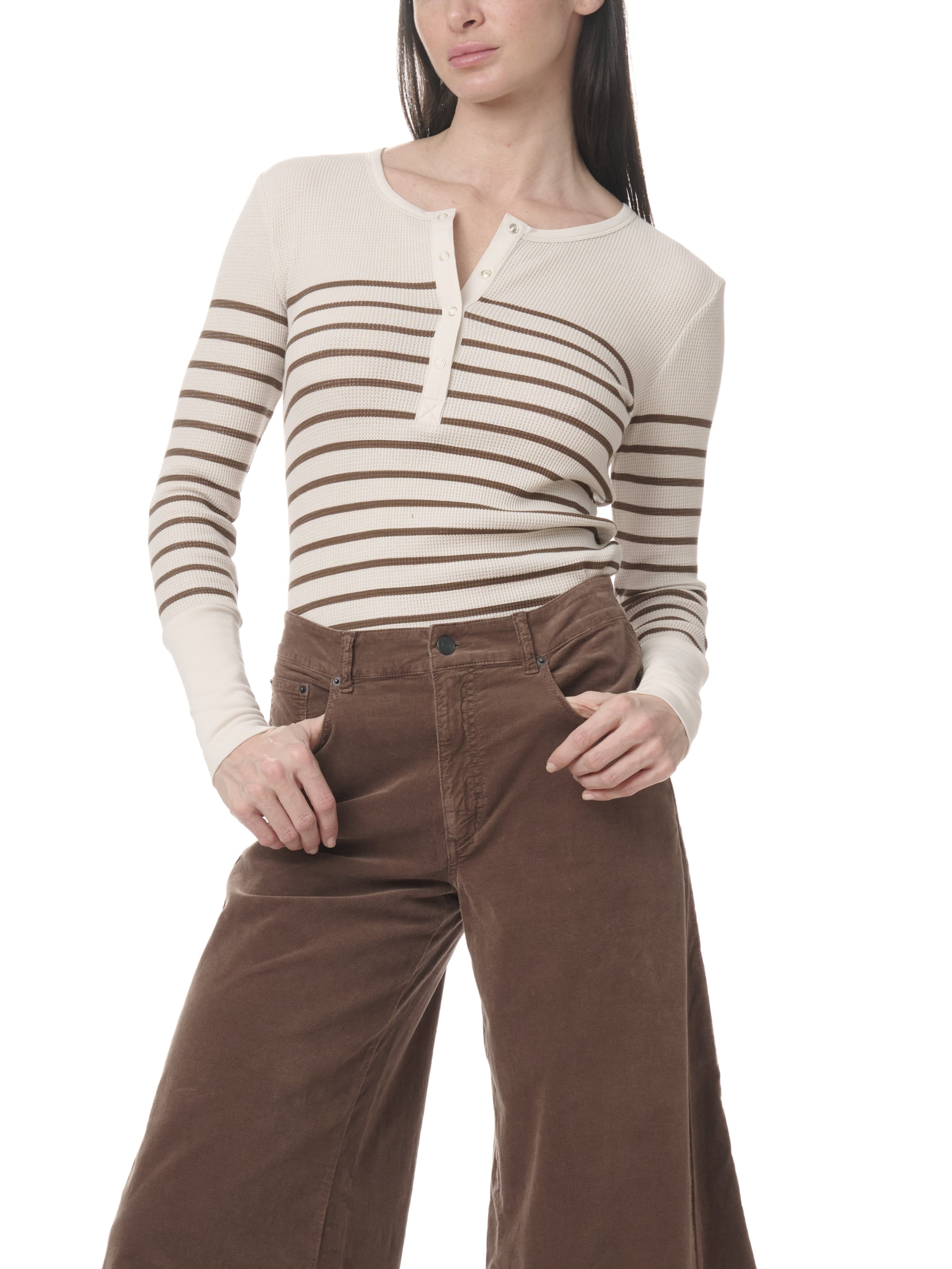 Thermal Forever Stripe Henley in Pale Oak Heather/Soft Chocolate